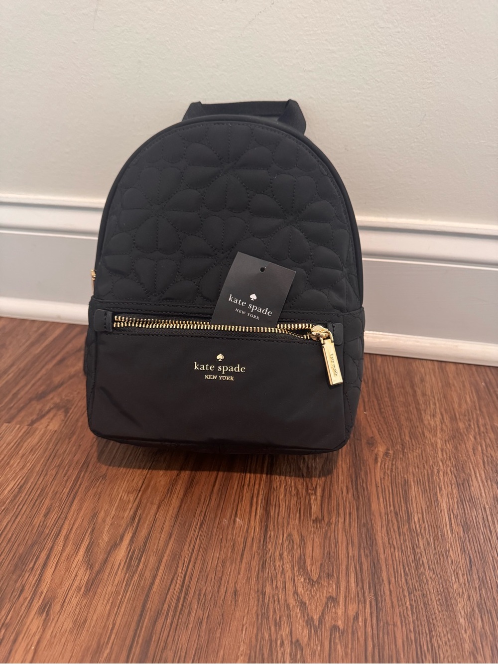 kate spade Black Quilted Floral Nylon Mini Backpack with Gold Hardware